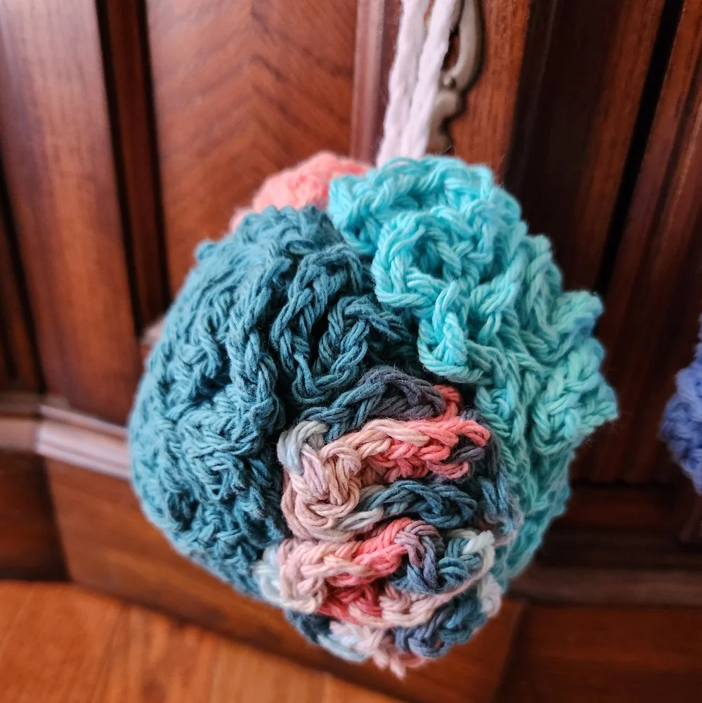 Crochet Set of 2 Teal Multi-colored Shower Poufs